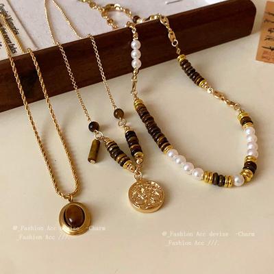 Collier Ras du Cou Vintage en Acier Titane Perle & Œil de Tigre - Design de Niche Luxe Léger