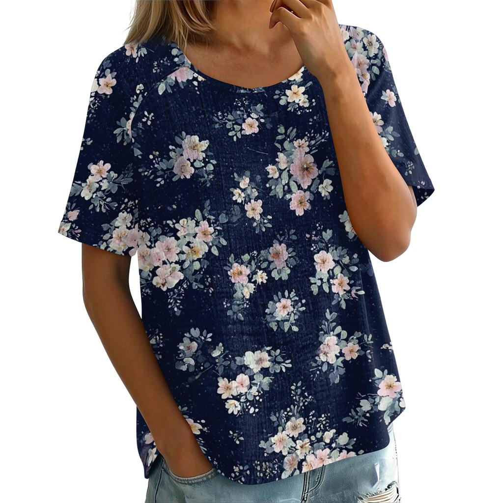 Women's Vintage Floral Print Short Sleeve Round Neck Blouse Lightweight Breathable Linen Blend Casual Top for Summer