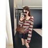 Korean Style One-Shoulder Contrast Stripe Patchwork Long-Sleeve T-Shirt with Spaghetti Straps for Women - Spring/Autumn Chic Top