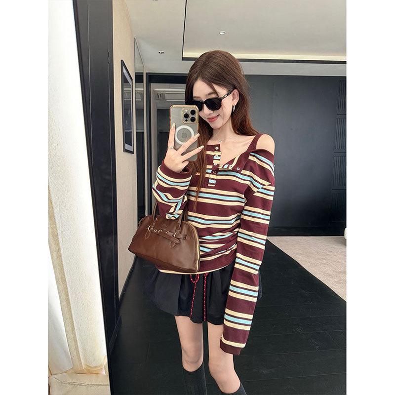 Korean Style One-Shoulder Contrast Stripe Patchwork Long-Sleeve T-Shirt with Spaghetti Straps for Women - Spring/Autumn Chic Top