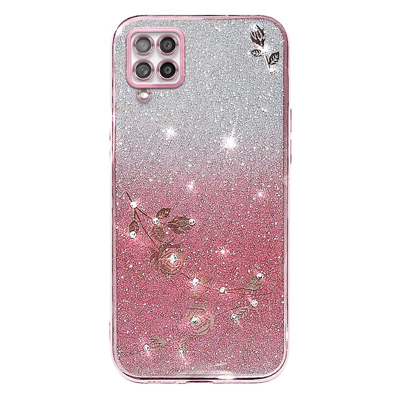 

KADEM For Samsung Galaxy A42 5G/M42 5G Gradient Glitter Powder TPU Cover Rhinestone Decor Flower Pattern Anti-drop Protective Case Rose Gold