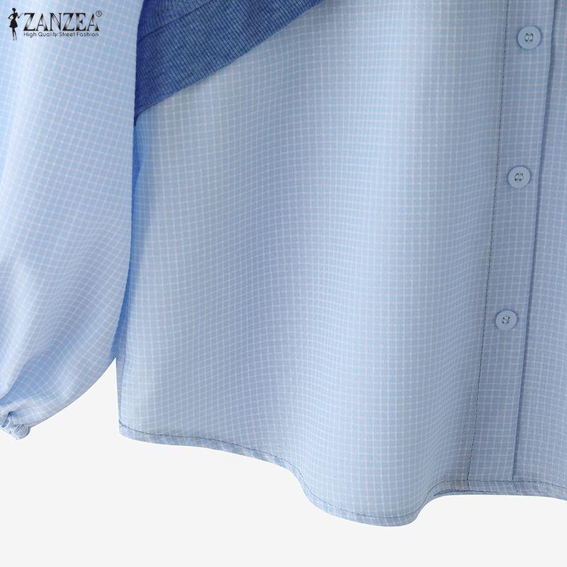 ZANZEA Women Casual Round Neck Long Sleeve Loose Patchwork Blouse