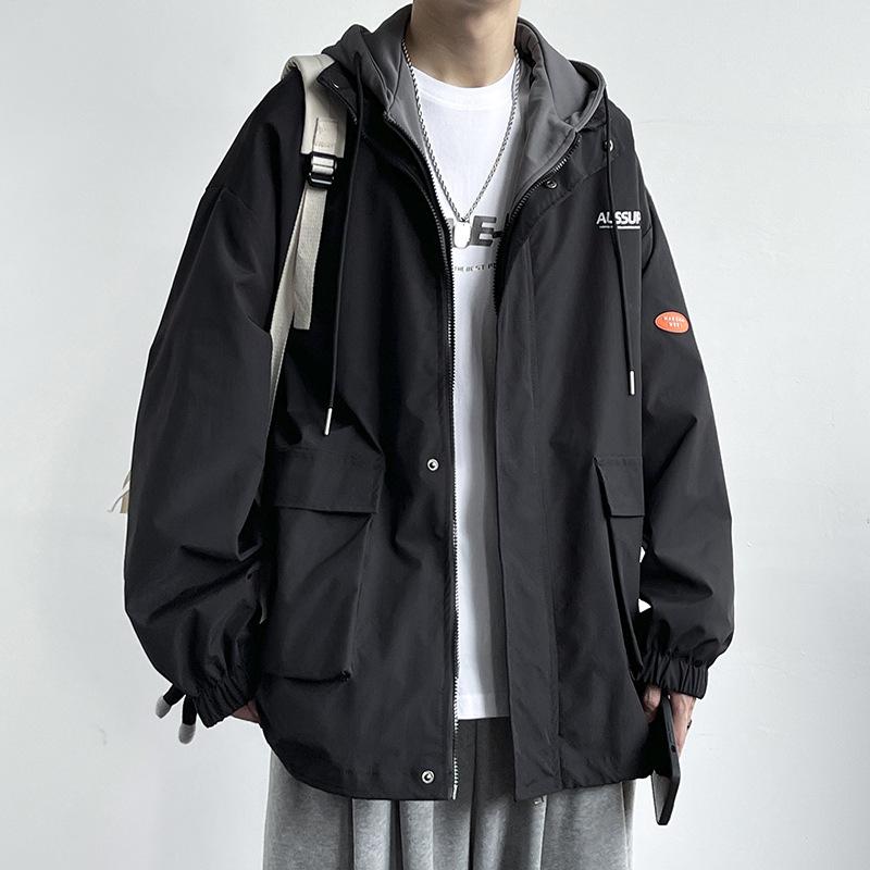 

Весенне-осенняя куртка с капюшоном мужская новая мантия подростковая осенне-зимняя для отпуска два свободных пальто утолщенных M