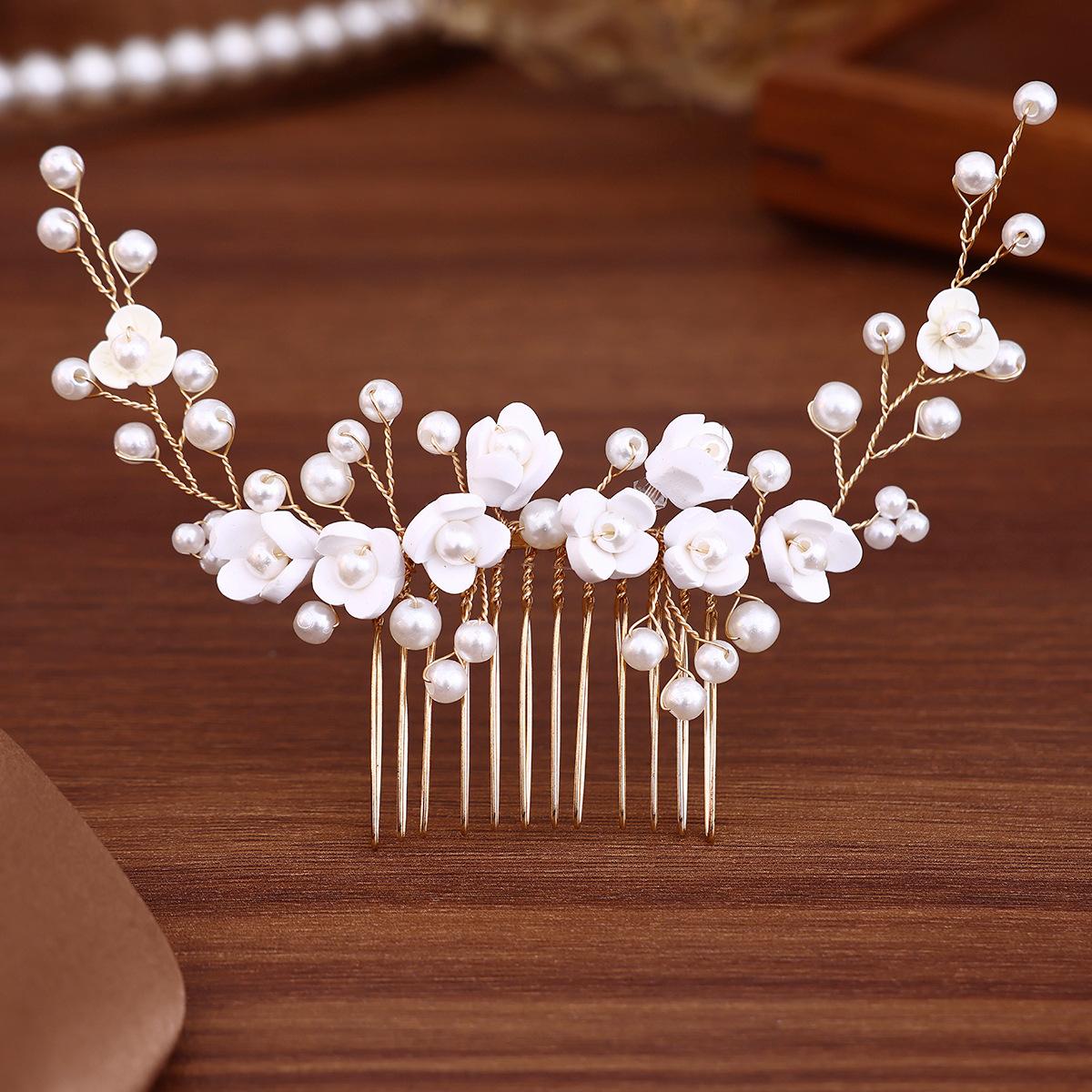 Drop Shipping European American Bridal Hair Accessories Fresh Ceramic Floral Wedding Dress White Handmade Women Pearl Hair Comb золотой