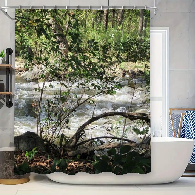 

Nature-Inspired Bathroom Decor: Waterproof Fabric Shower Curtain Featuring Riverbank Landscape for Home Decoration Greenery Prin 90x180cm