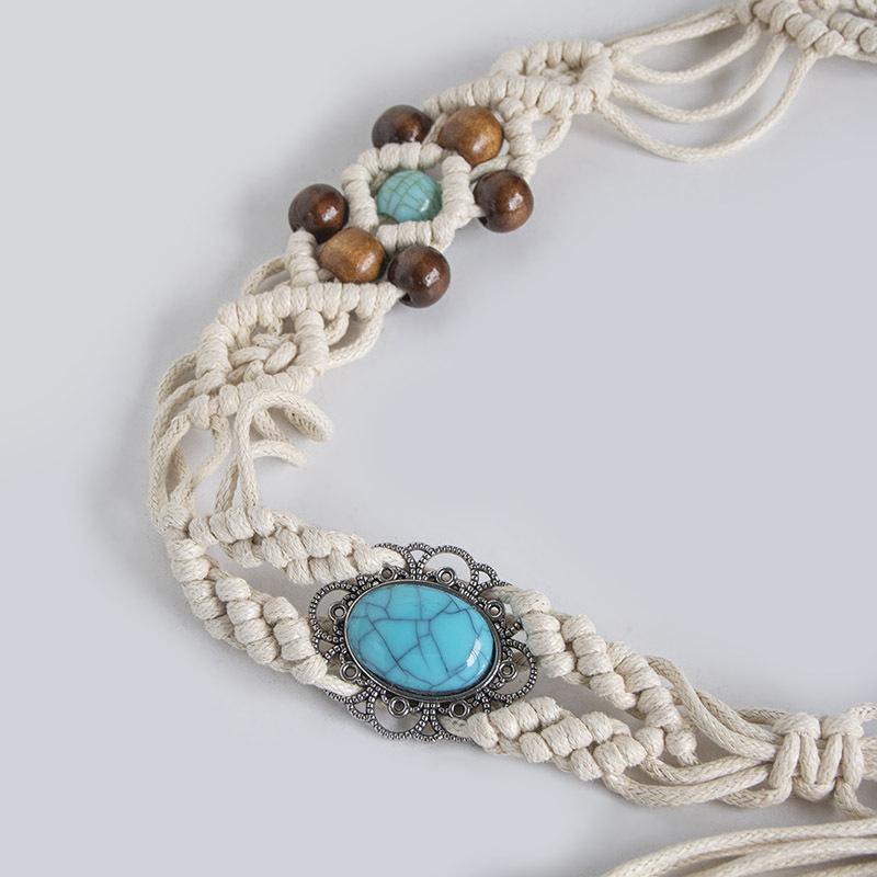 Spring and Summer Skirt with Boho Alloy Turquoise Resin Beads Weaving Knotted Ethnic Style Women's Waist Rope