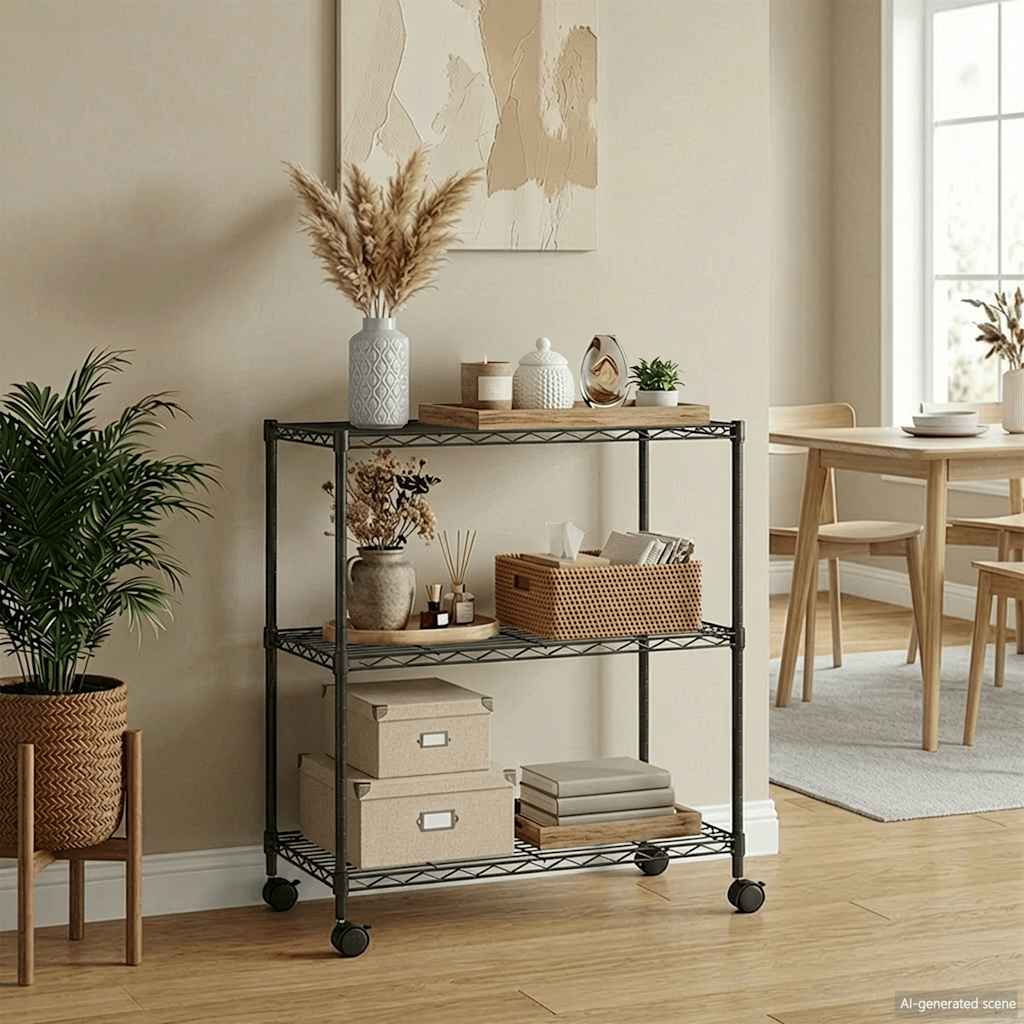 Storage Shelving Unit with 3 Shelves and Casters 60 x 35 x 81 cm Black 150 kg Capacity