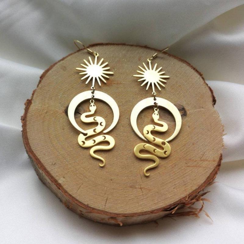 Celestial Sun Moon Brass Earrings with Snake Charm