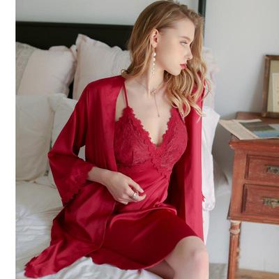 Women's Lace Silk Two-Piece Nightwear Set with Chest Pads - Camisole & Robe for Spring, Autumn, Winter