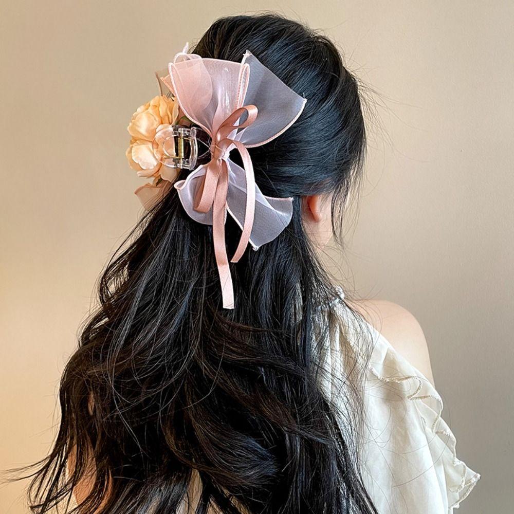 

Bow Peony Hairpin Mesh Flower Hair Claw Fashion Simulation Flower Hair Clip Wedding