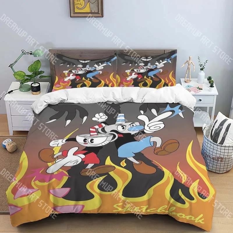 C-Cuphead Pop Music Bedding Three-piece Set Single Double Bed Adult Children Bedroom Duvet Cover Children Gift