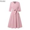 ZANZEA Women Casual V-Neck 3/4 Sleeve Loose Dress