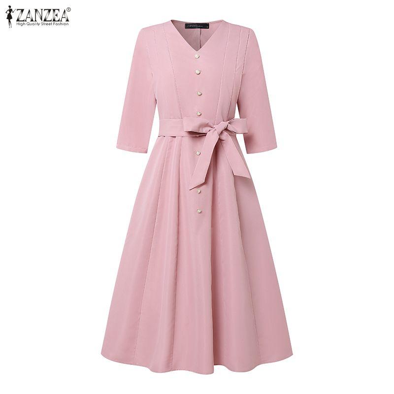 ZANZEA Women Casual V-Neck 3/4 Sleeve Loose Dress