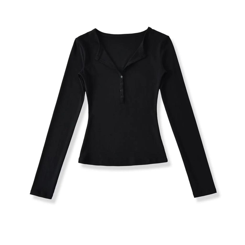 Women's V Neck Button Long Sleeve Slim Fit Top Stretch Solid Color Basic Tee