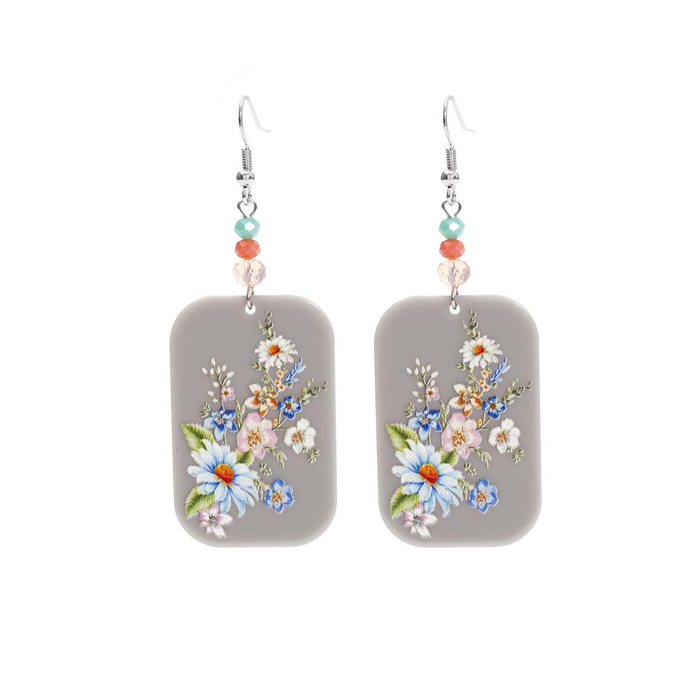 Light Gray Retro Geometric Flower Print Acrylic Earrings for Women