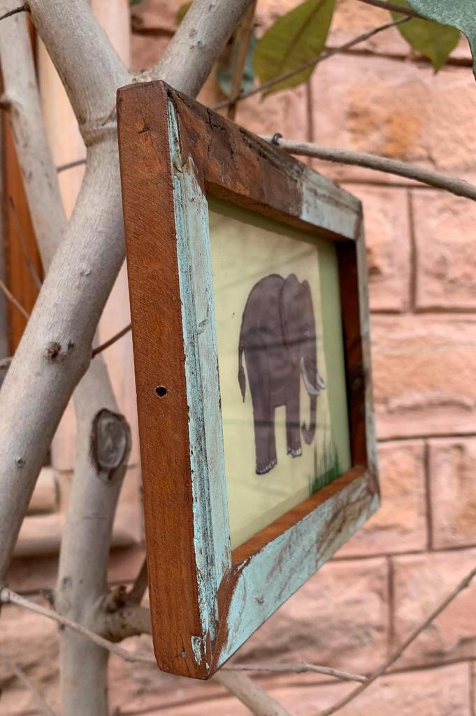 Old Wooden Frame Elephant Glass Painting  Rustic Farmhouse Wall Decor