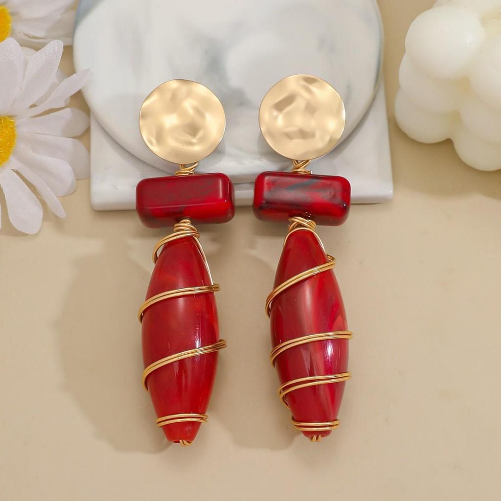 Anqila Red Geometric Olive Shape Handmade Long Wire Wrapped Earrings for Women