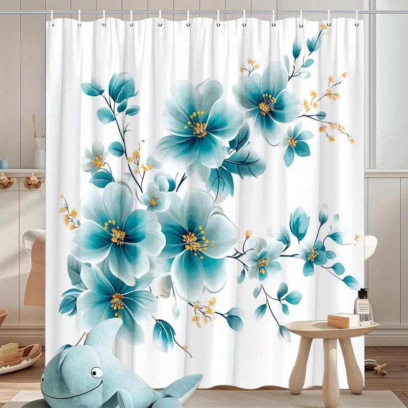 1pc Polyester shower curtain  Blue and teal watercolor floral pattern  With hooks  Machine washable  Stylish bathroom decor