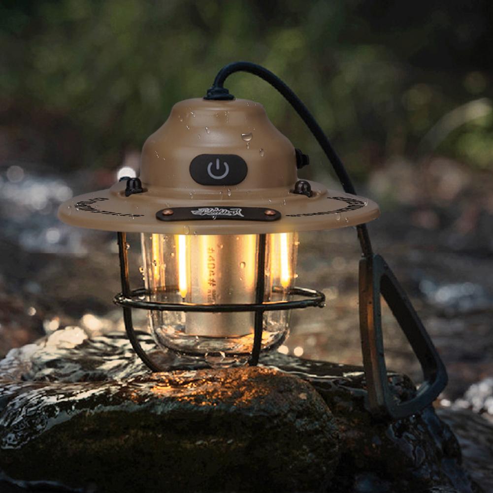 LED Camping Lantern Hanging Tent Light Type C Charging Retro Camping Light 4 Light Modes Multifunction for Outdoor BBQ Traveling