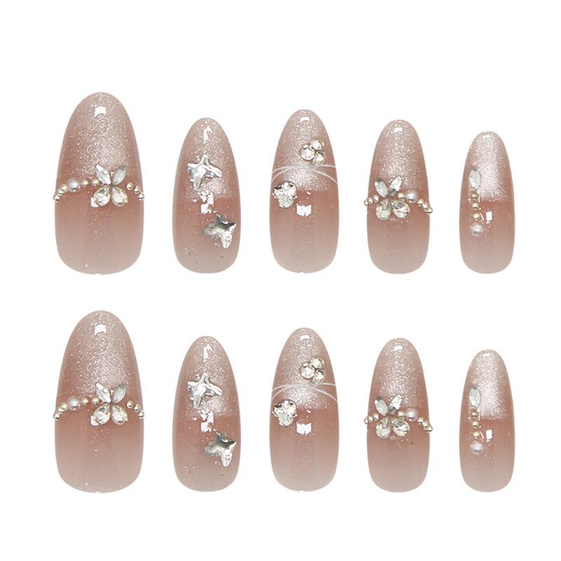 Shiny Lotus Pink Cat Eye Glitter False Nails Medium Almond For Ladies 30pcs Strip & Box Press On Nails