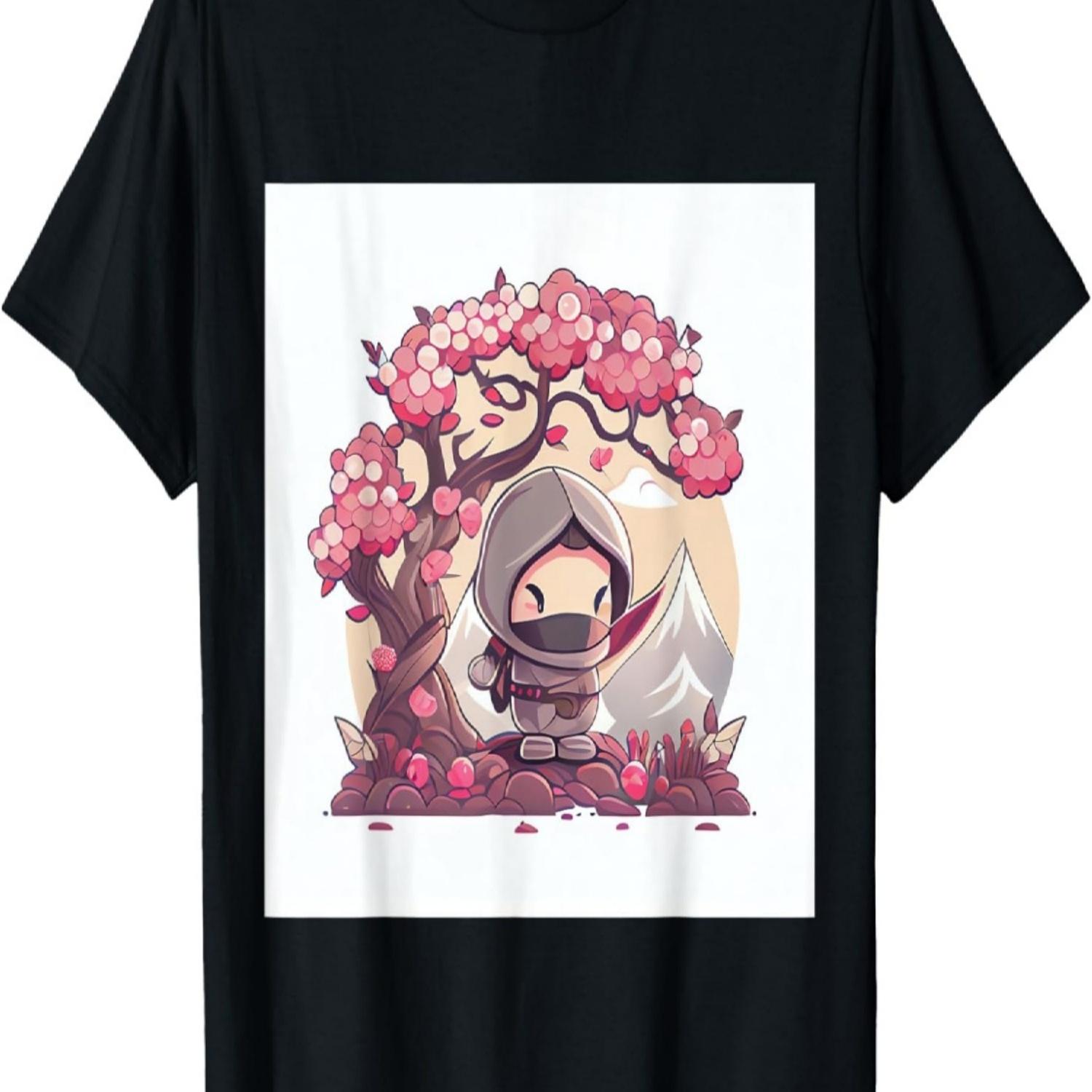 Cute Kawaii Ninja standing in cherry blossom tree garden T-Shirt S чёрный