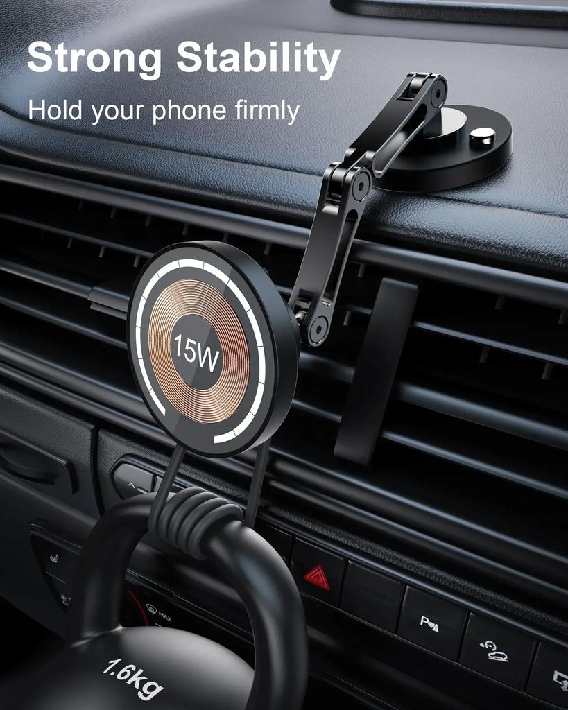 15W Magnetic Car Phone Holder Mount Wireless Charger Rotation Magnetic Car Phone Stand Fast Charging for IPhone 16 15 14 13 12