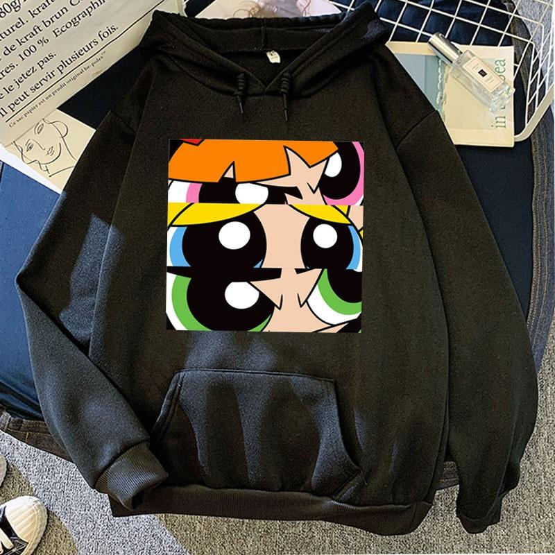Herbst Winter Süßigkeitenfarbe Kapuzenpullover Powerpuff Girls Aufdruck Lockerer Schnitt Langarm Sweatshirt Damen
