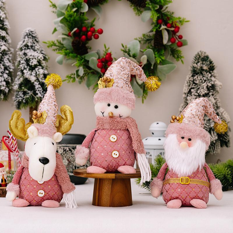 Adorable Pink Christmas Decoration Plush Sitting Gnome Snowman Reindeer Figurines For Festive Holiday Display