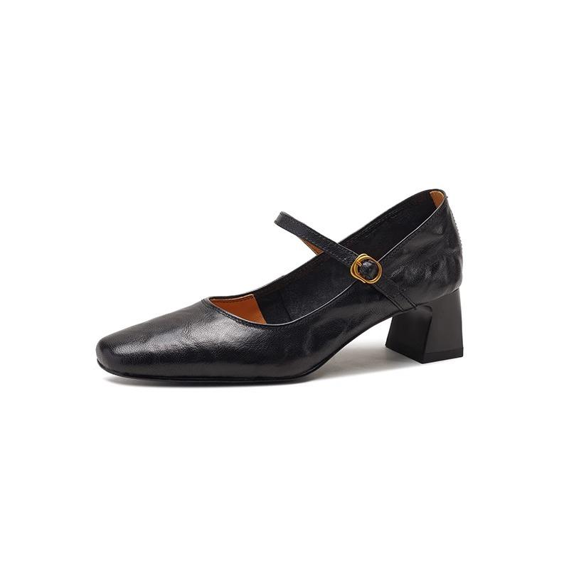 Soft sheepskin black high heels 2025 spring and autumn new French retro thick heel with Mary Jane shoes women's single shoes