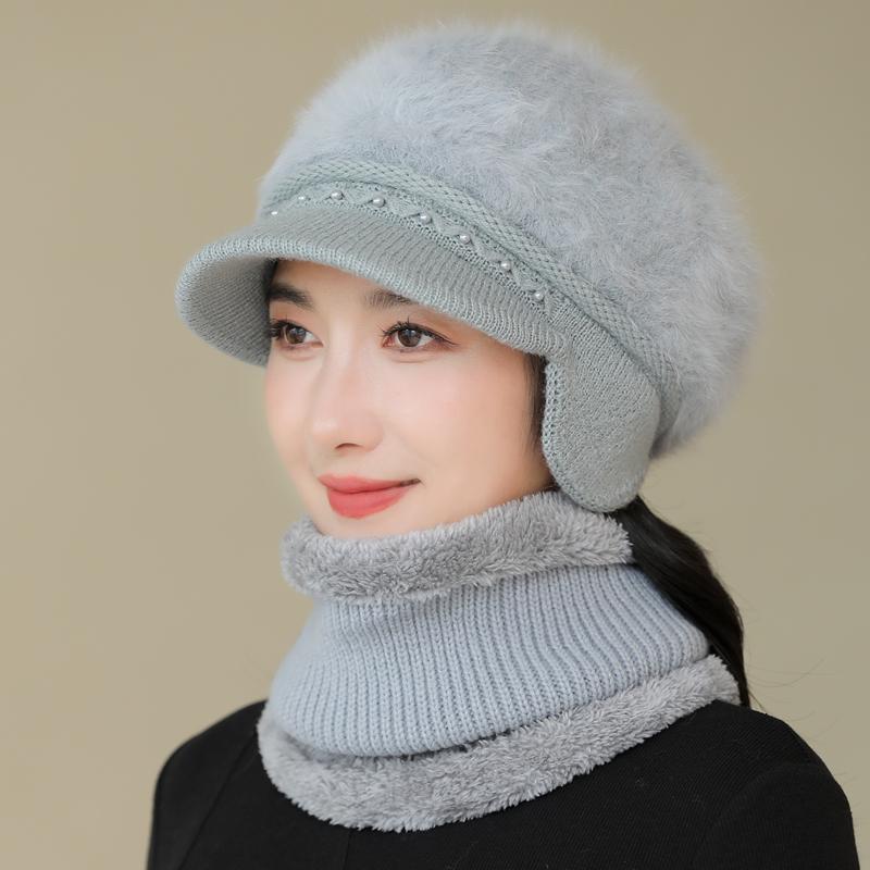 Nová dámská zimní čepice zateplená čepice a šála pletený oblek módní králičí kožešinová čepice pro ženy ležérní květinová pletená čepice