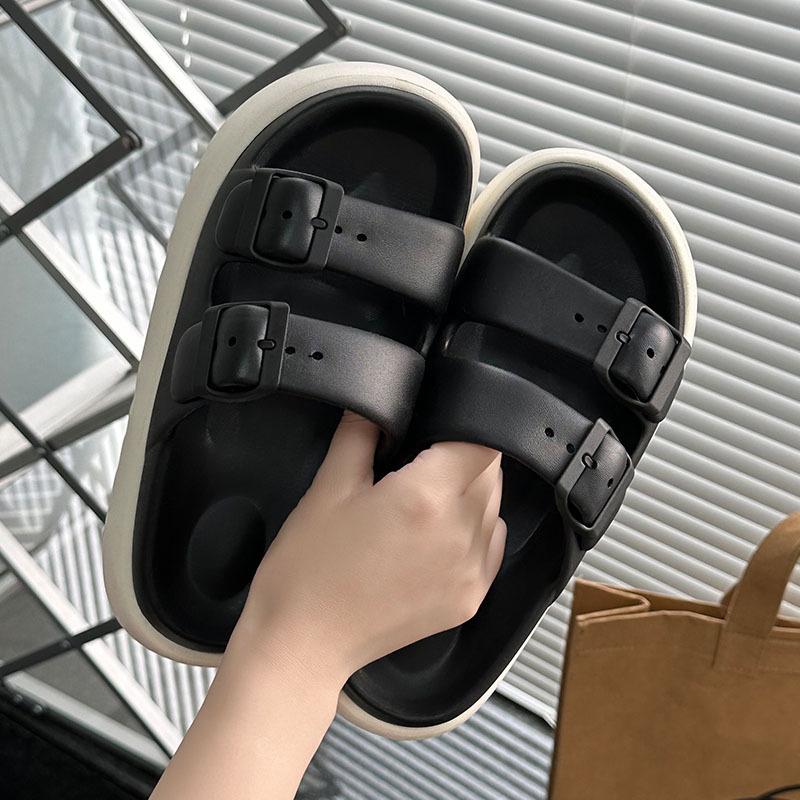 Thick Soled Height Increasing Slippers for Women In Summer, Two Tone Slippers for Outdoor Wear, Trendy Beach Anti Slip, Double Button, Straight Drag