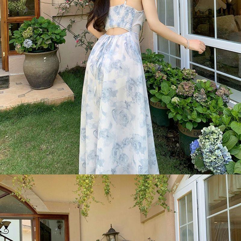 Women's Blue Floral Strappy Dress - French Tea Party, Waist-Cinched, Long Summer Beach Dress