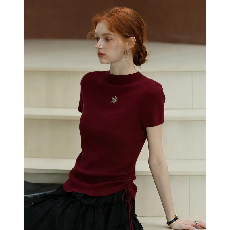 Women s Semi-High Neck Short Sleeve Knit Top with Side Drawstring and Metal Accents S