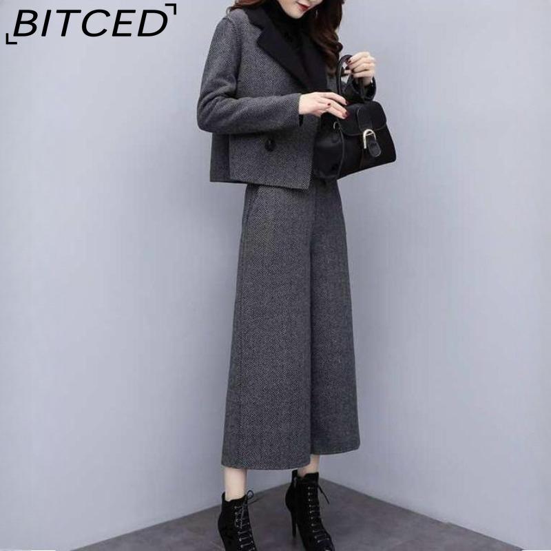 BITCED Women's Fall/Winter Two-Piece Set: Herringbone Tweed Blazer & Wide-Leg Pants Casual Fashion Set