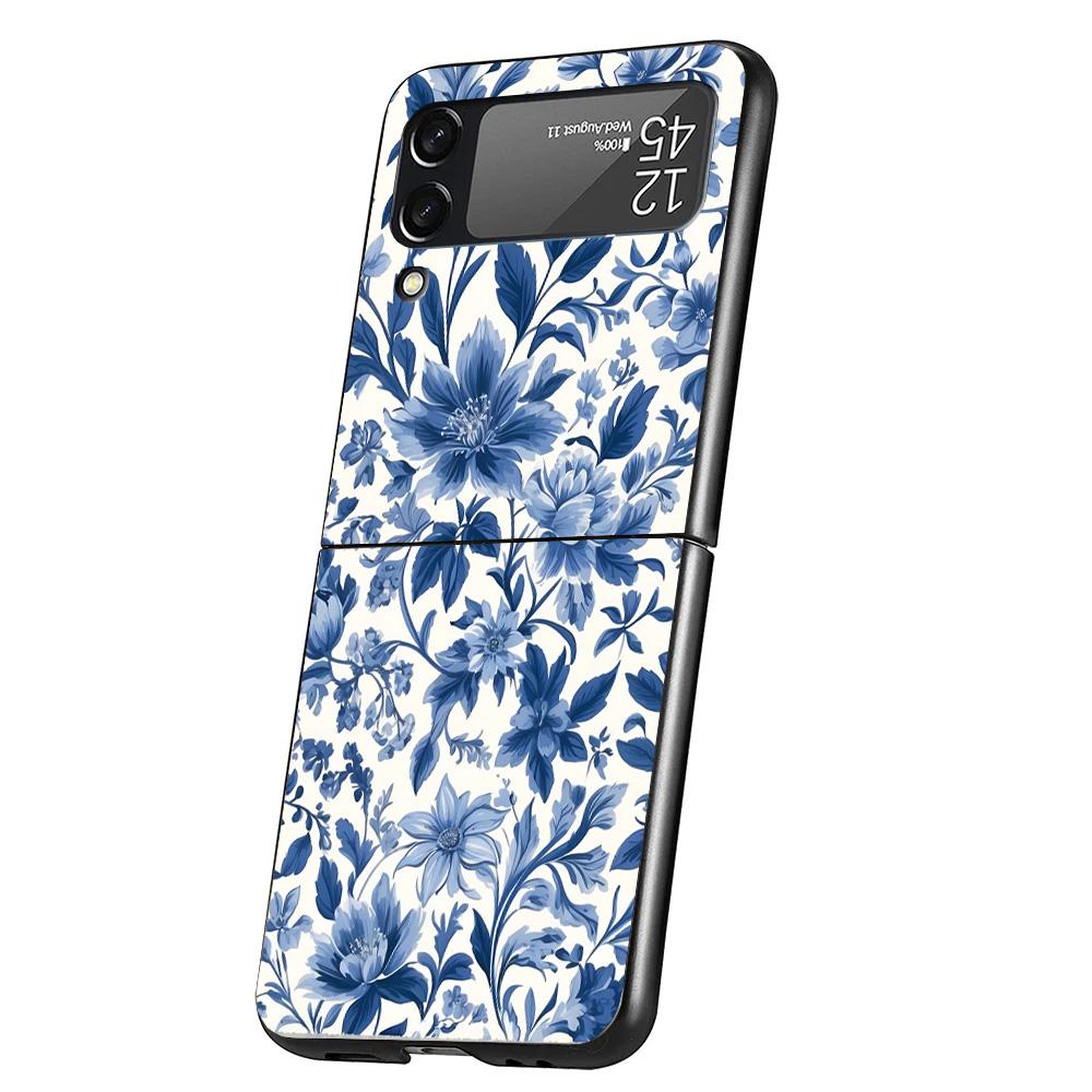 Blue And White Porcelain Case Phone Cover for Samsung Galaxy Z Flip 7 6 5 4 3 5G ZFlip7 ZFlip6 ZFlip5 ZFlip4 ZFlip3 Black Fundas