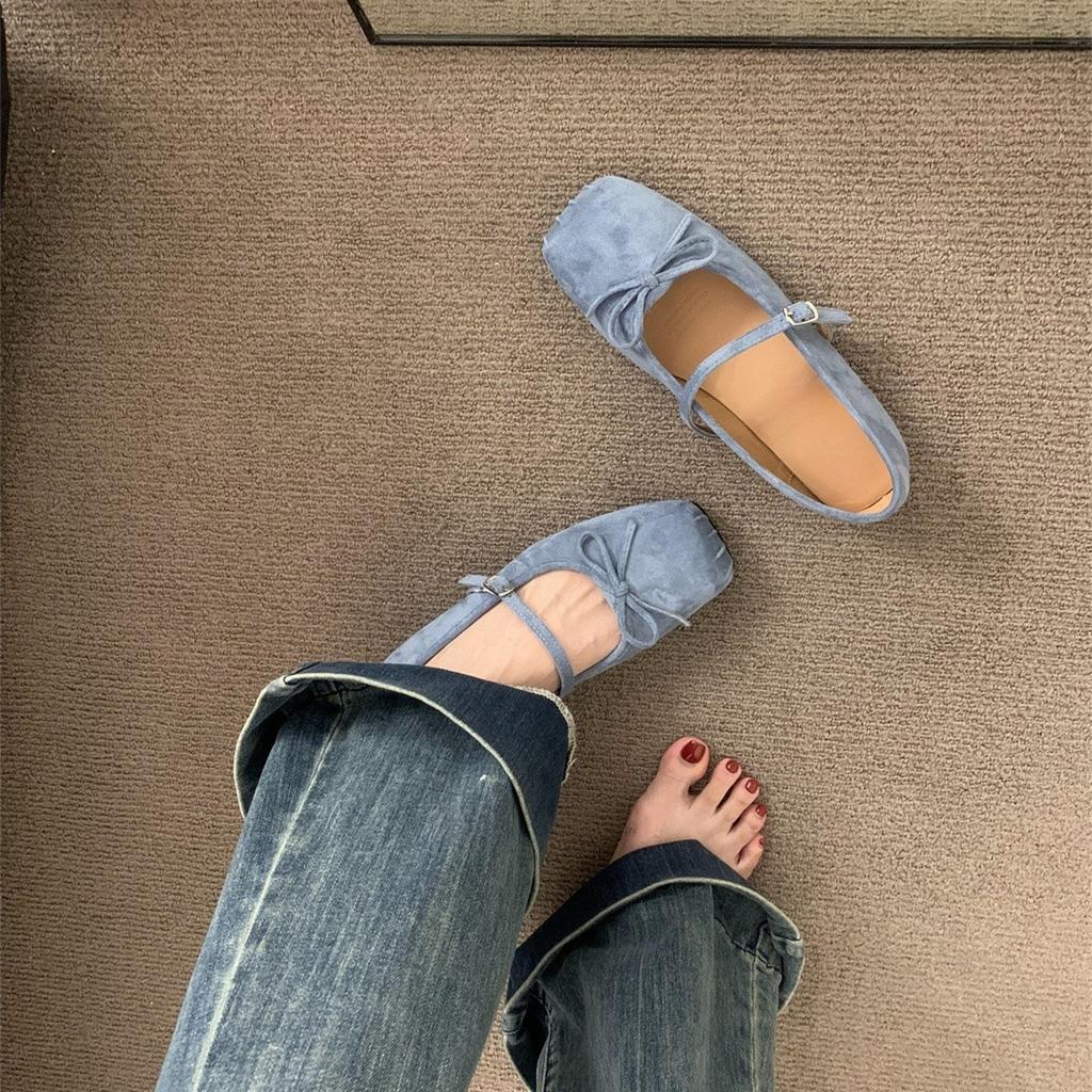 Suede Square Head Single Shoes Women's Spring and Autumn New Bow Commuter Flat Mary Jane Shoes
