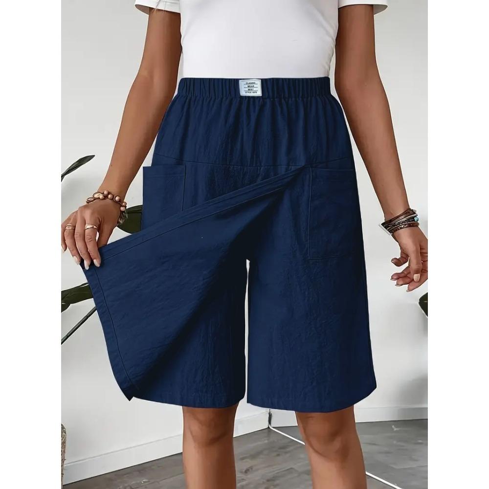 Falda pantalón elástica para mujer, casual, lisa, mezcla de lino, con bolsillos
