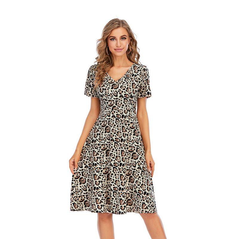 Leopard Print Printed V-neck Midi Short Sleeve Dress