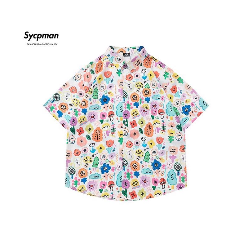 

Sycpman Ретро Веселые рубашки с короткими рукавами и полным принтом для мужчин, трендовая свободная гавайская рубашка, повседневная одежда для пар, летняя одежда