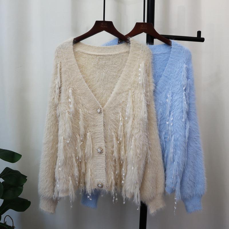 Tassel design imitation mink velvet knitted cardigan autumn and winter new soft waxy loose sweet sweater jacket women