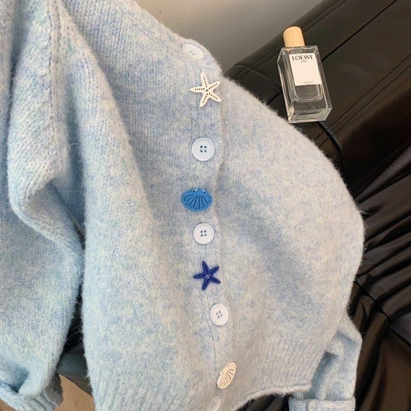 Milk Blue Gentle Wind Soft Waxy High-end Knitted Women's Clothing Cardigan Autumn and Winter Lazy Age-reducing Versatile Sweater Women's Top