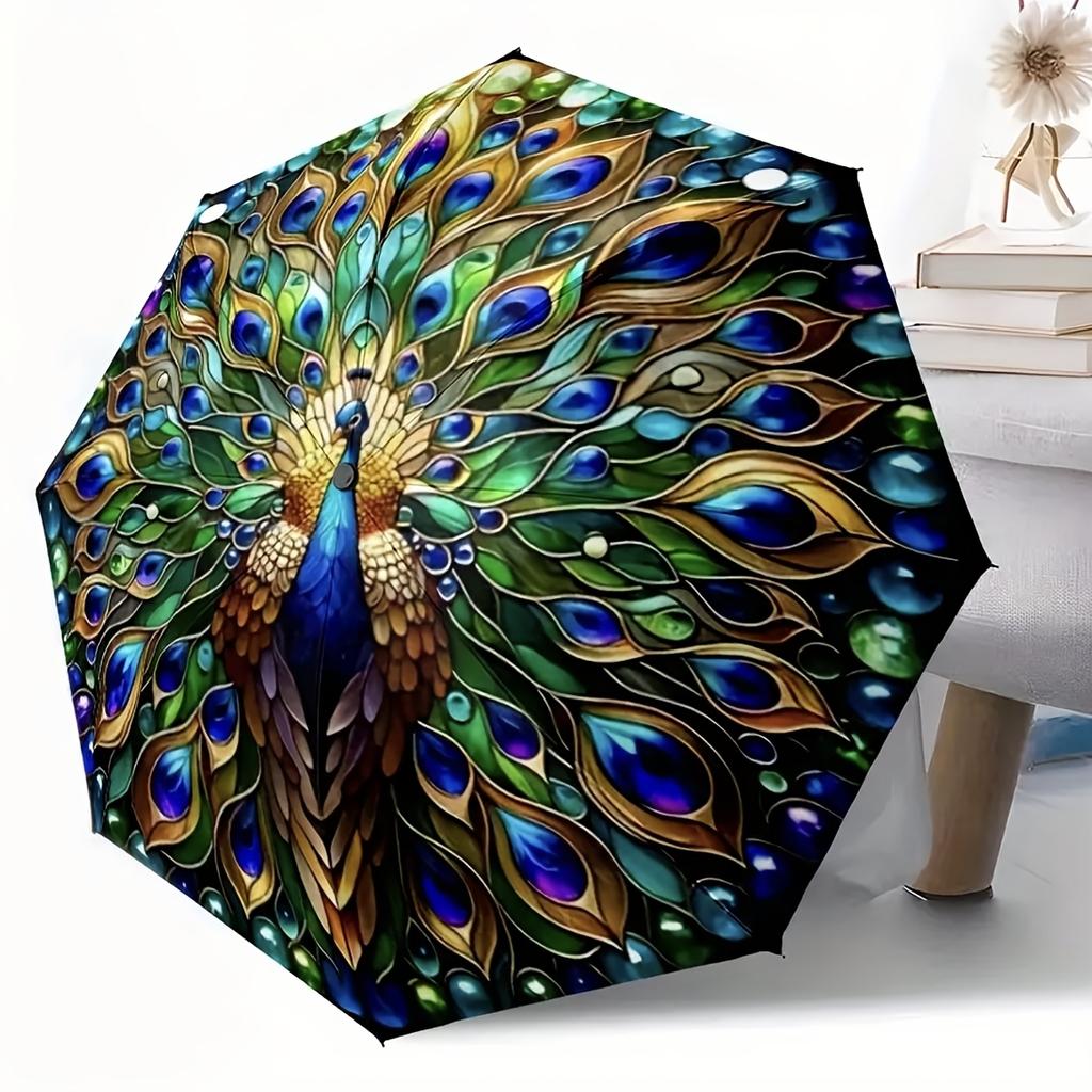 New Peacock Feather Design Pea Rooster Pattern Folding Umbrella, Outdoor Leisure Travel Umbrella, Birthday Gift Holiday Gift