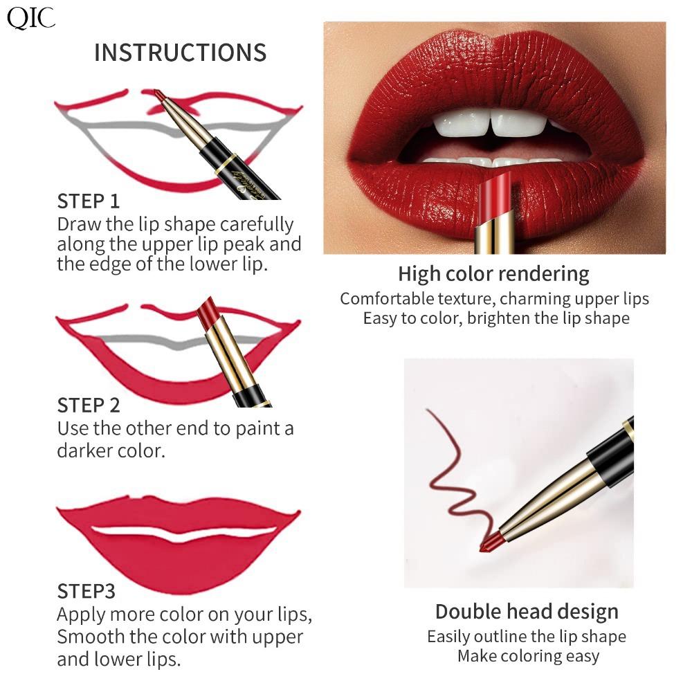 QIC oboustranné pero na rty, voděodolné, dlouhotrvající, barevná tenká tuba na rty dva v jednom