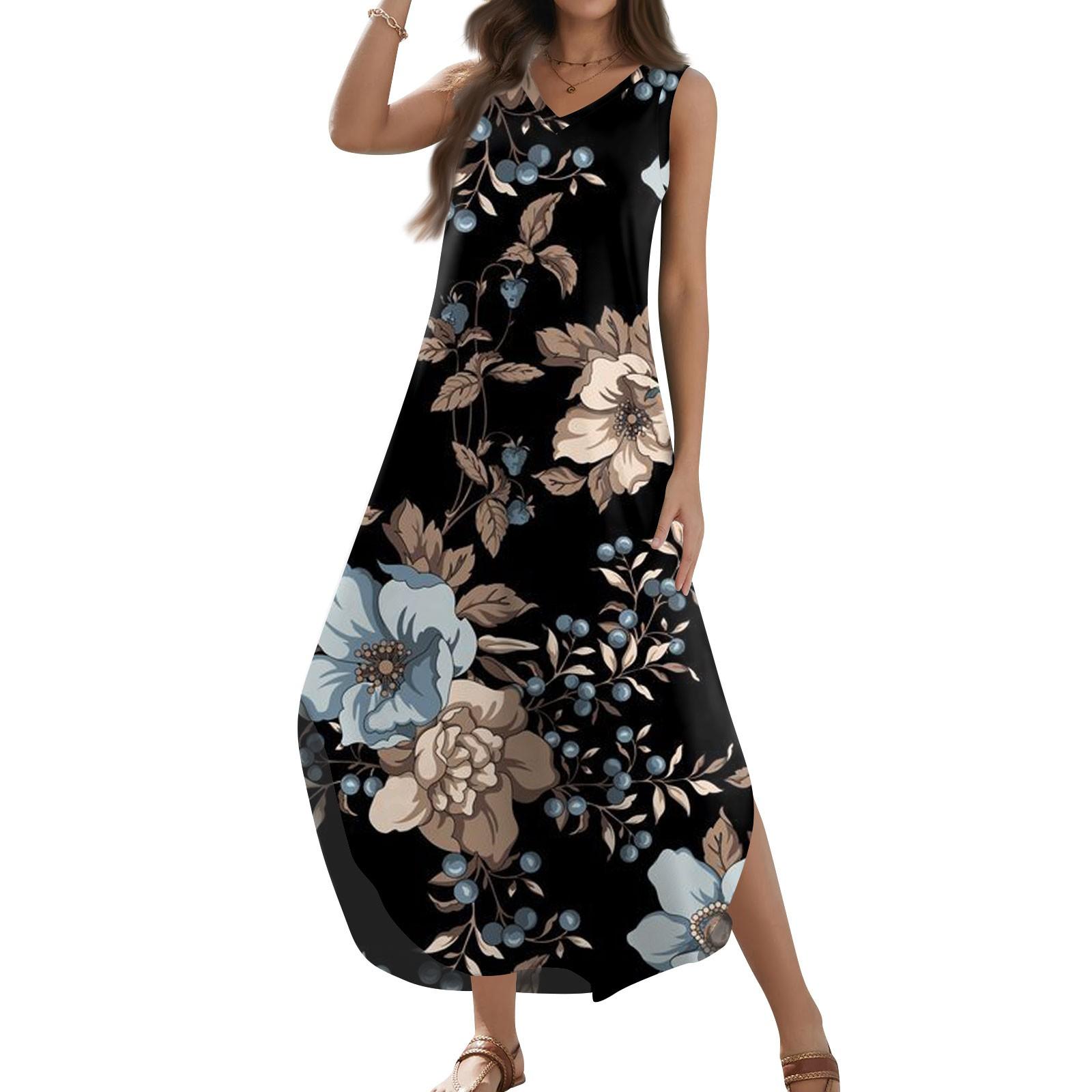 

Женский 2024 летний повседневный свободный сарафан длинное платье с цветочным принтом без рукавов с v-образным вырезом и разрезом футболка платья макси L чёрный