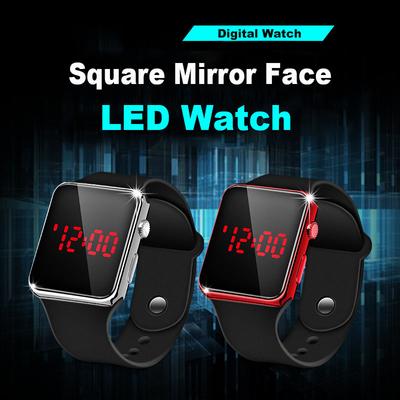 Reloj deportivo unisex de moda con LED rojo, reloj de pulsera cuadrado de metal, reloj digital con marco de silicona y esfera de espejo