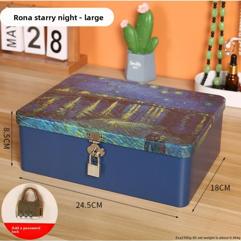 Retro Tinplate Box with Lock Key, Desktop Storage Box, Cosmetics, ID Storage, Household Jewelry Empty Box.