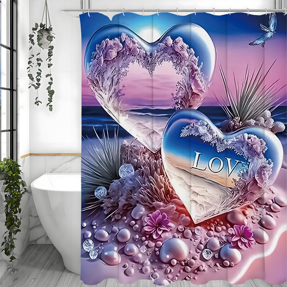 

Розовая Фантазия Пляж Сердце Драгоценный Камень Занавеска для Душа, Декоративная Занавеска для Душа для Ванной Комнаты, Водонепроницаемая Занавеска для Душа с Крючками 90*180cm