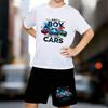 Boys 2 Piece Cartoon Car Print Outfit, Short Sleeve T-Shirt and Shorts Set for Kids Age 5-14,Black and White Sporty Casual Summer Clothes