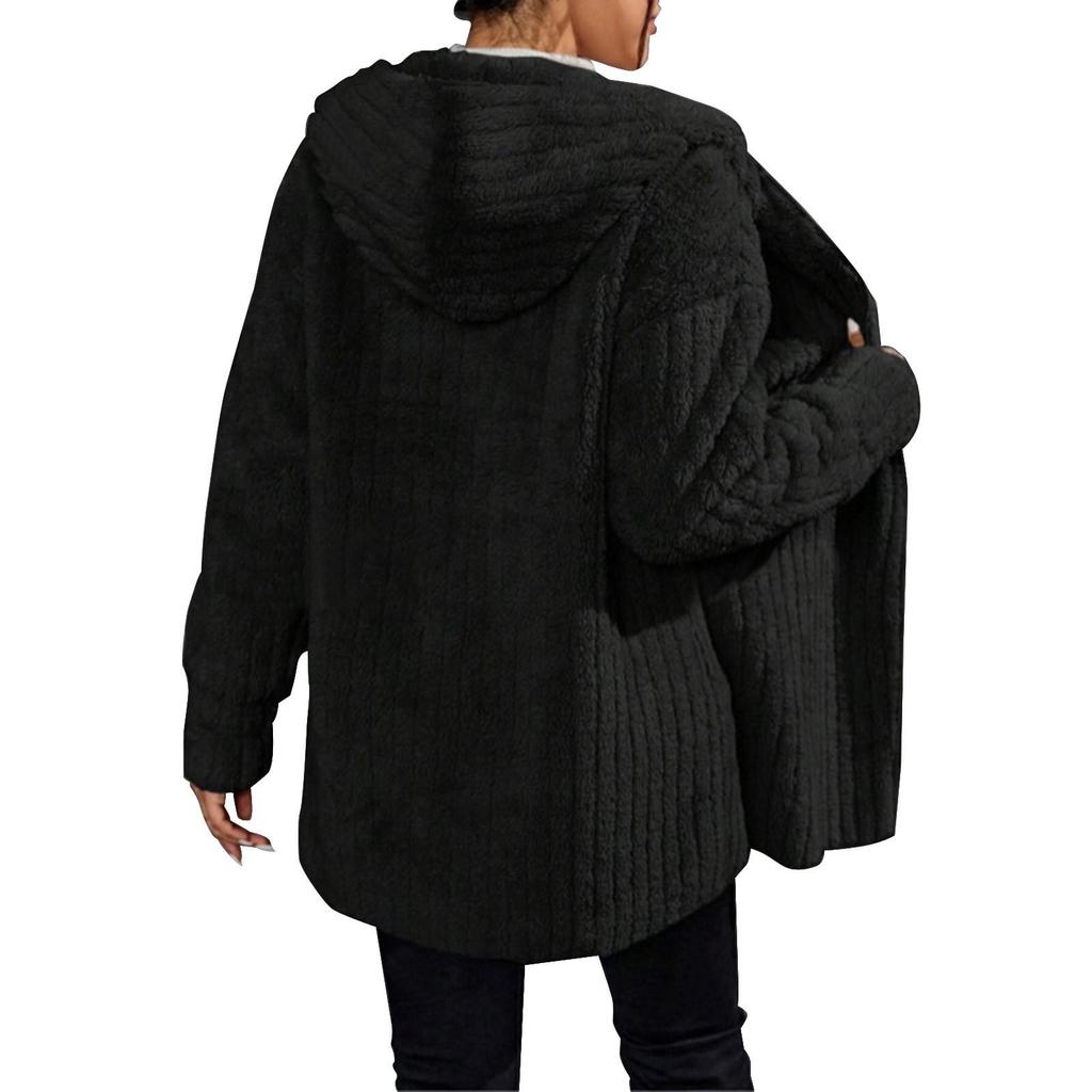 Women's Casual Fashion Comfortable Loose Autumn And Winter Warm Fashion Vertical Striped Plush Hooded Large Size Fashion Solid Color Coat