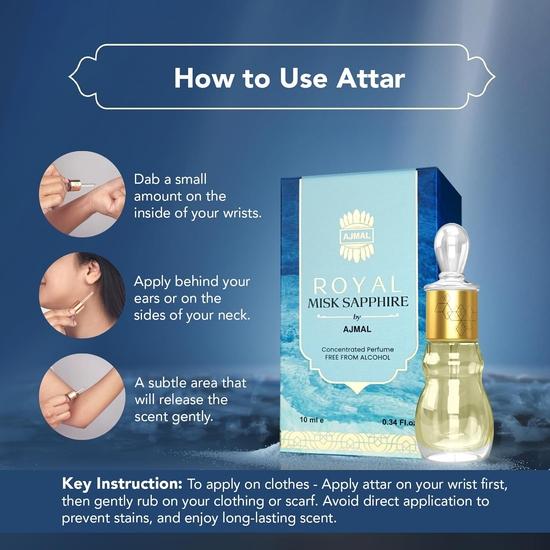 Ajmal Royal Misk Sapphire Attar | Moschusduft | Alkoholfrei für Männer und Frauen | Lang anhaltendes Attar für Männer und Frauen – 10 ml